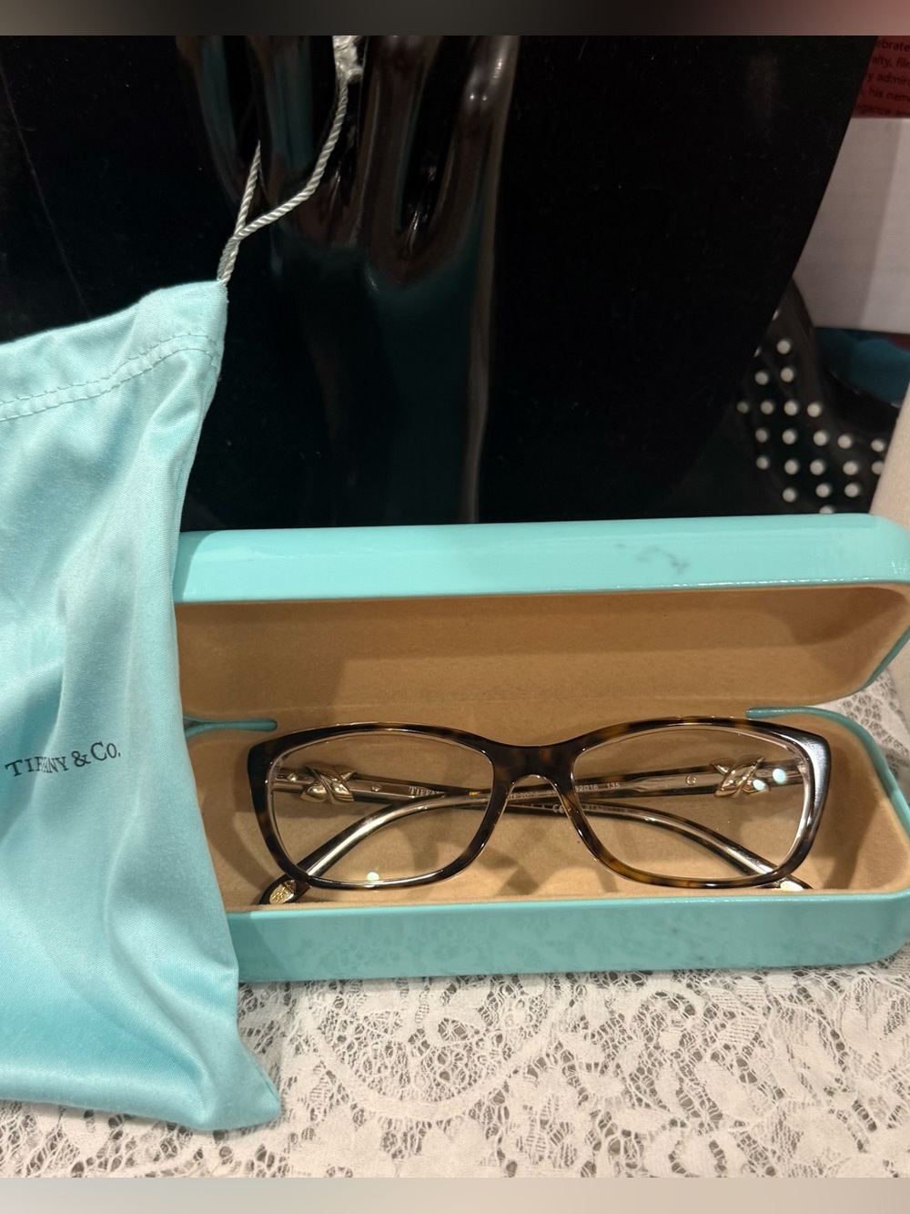 Tiffany & Co. Black and Tortoiseshell Cat-Eye Glasses with Tiffany Blue Case